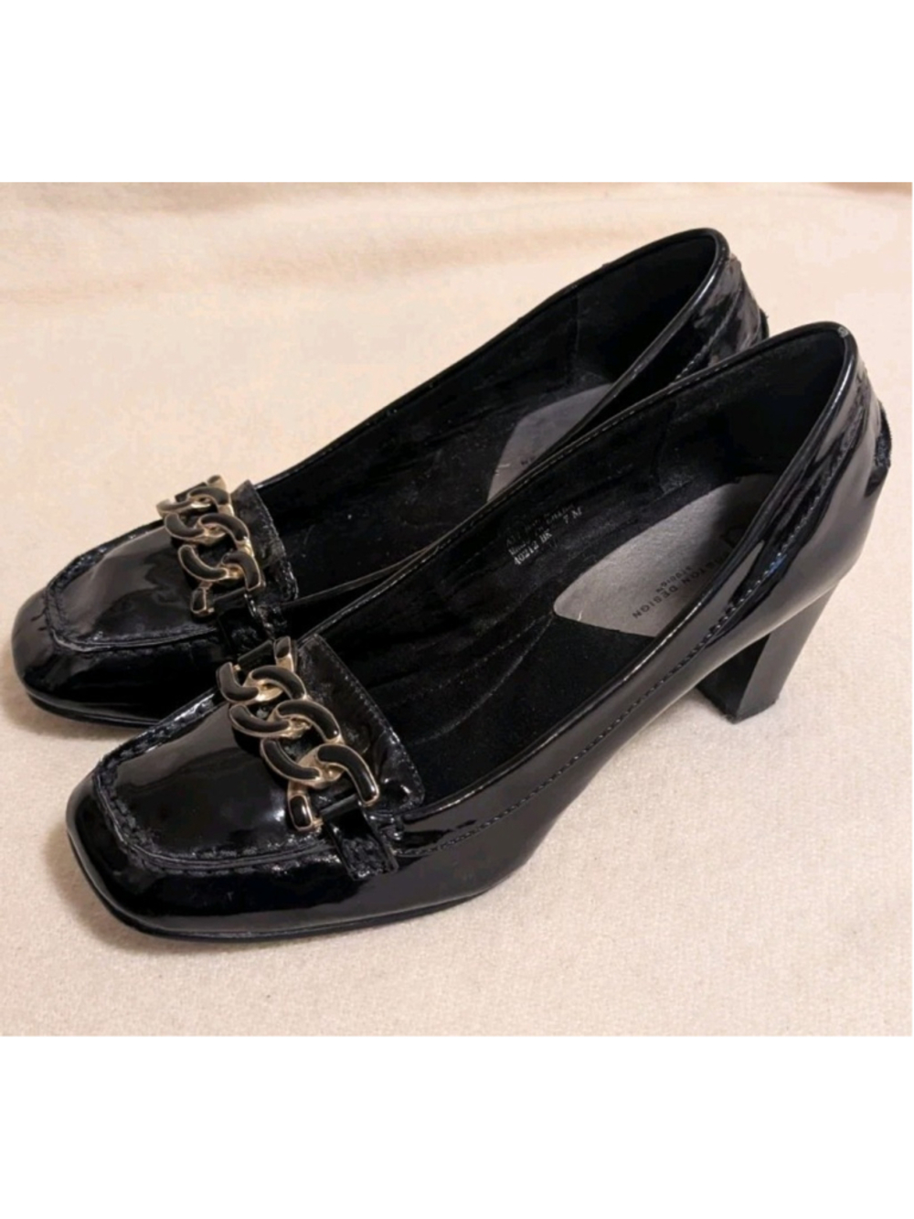 Boston Design Studio Women’s Black Patent Leather Loafer Block Heel Size 7M F26